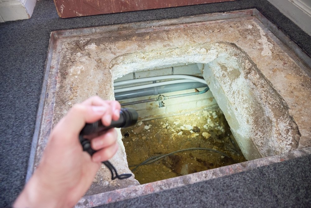 Person,Inspecting,Crawl,Space,Entrance,With,Flashlight,In,Residential,Floor Person,Inspecting,Crawl,Space,Entrance,With,Flashlight,In,Residential,Floor