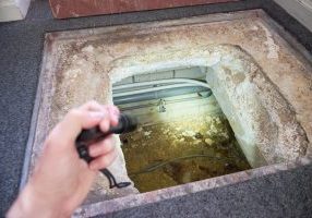 Person,Inspecting,Crawl,Space,Entrance,With,Flashlight,In,Residential,Floor